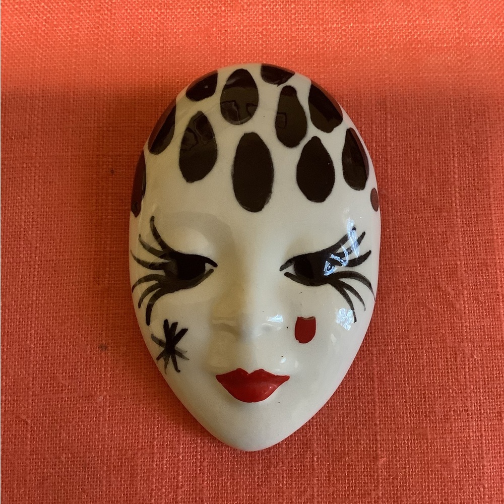Hand Painted Harlequin Clown Brooch - 1980s